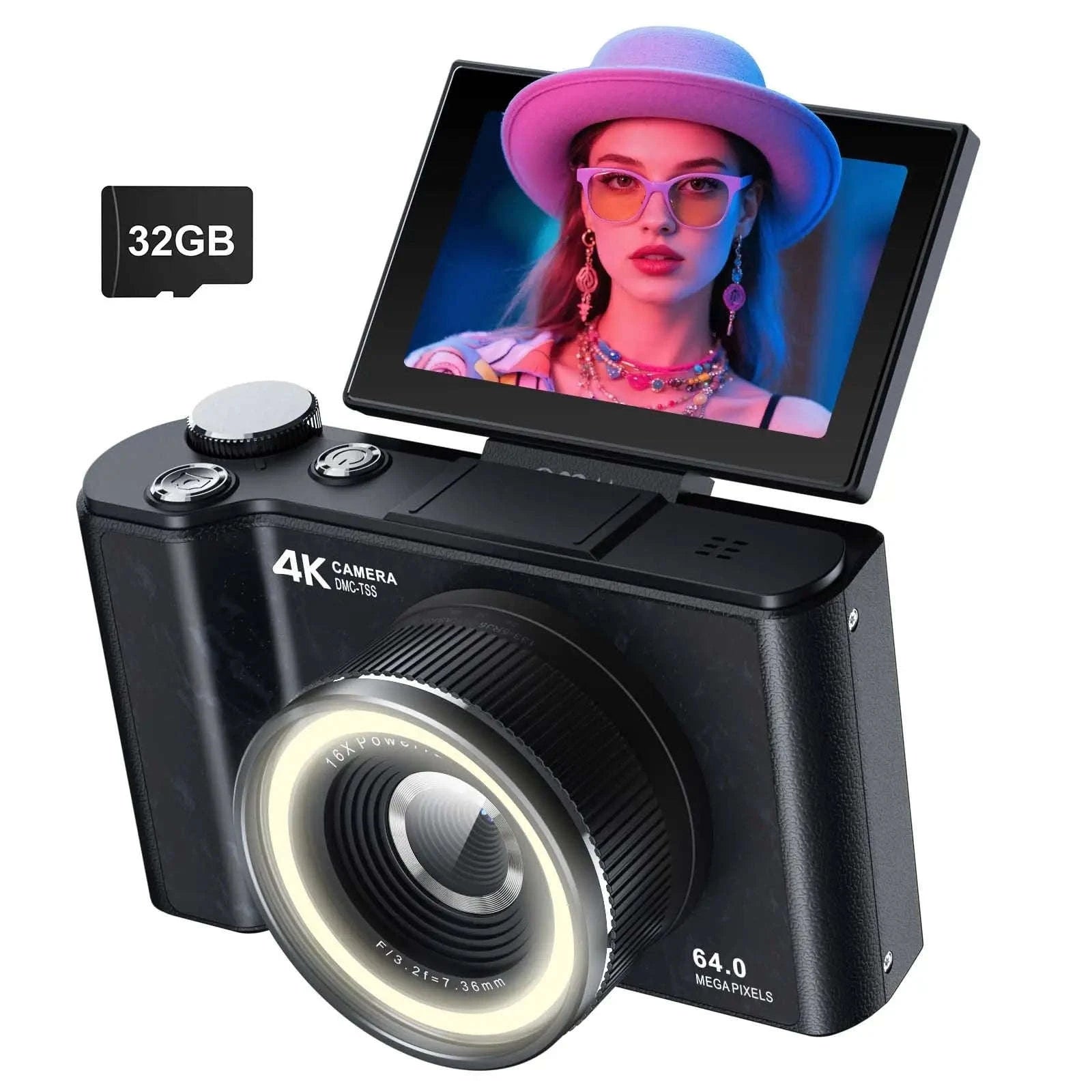 4K Digital Camera with Ring Light, Flip Screen for Vlogging-WHITE / United States