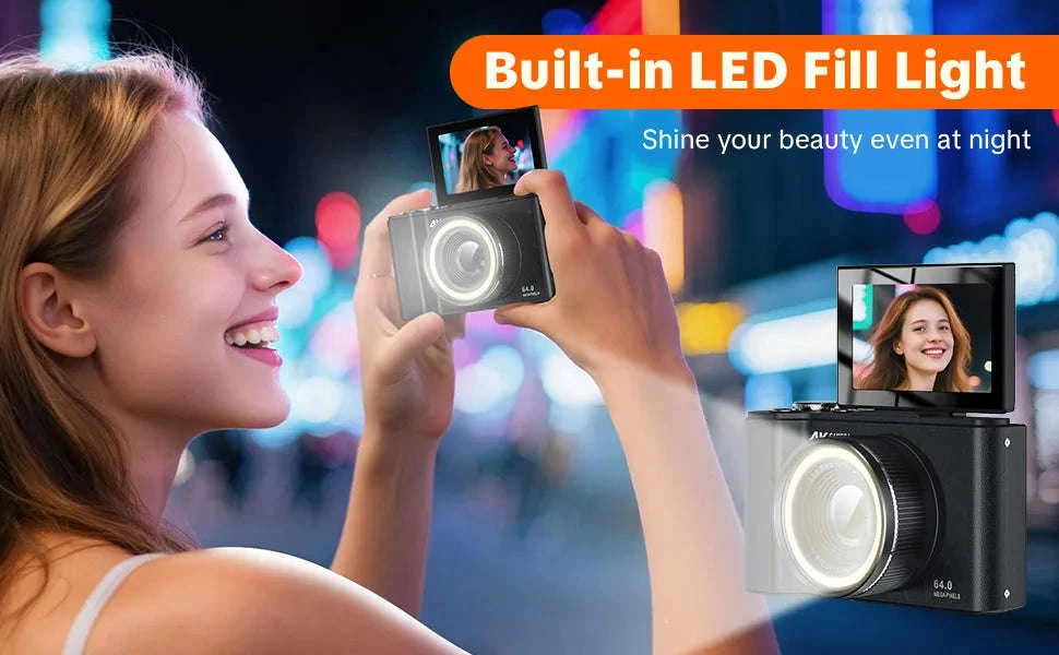 4K Digital Camera with Ring Light, Flip Screen for Vlogging-WHITE / United States