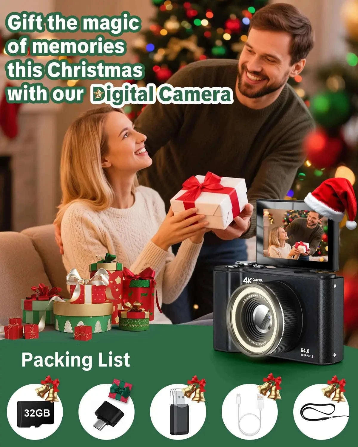 4K Digital Camera with Ring Light, Flip Screen for Vlogging-WHITE / United States