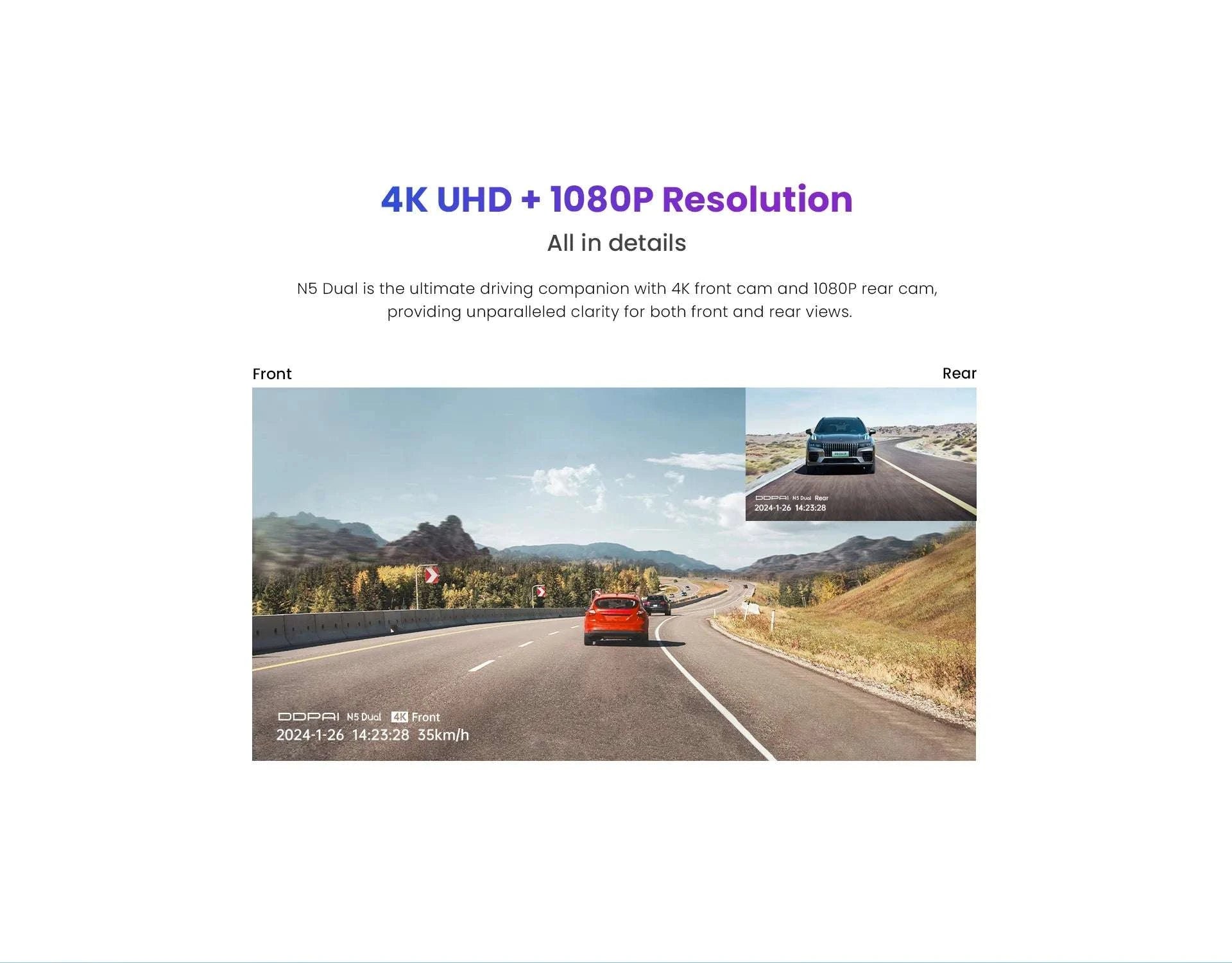 4K Dual Dash Cam Front & Rear with GPS, Night Vision & ADAS-N5 Dual / Poland / U3 64GB SD Card