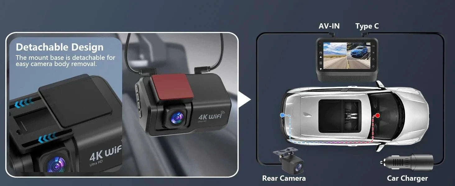 4K Front & Rear Dash Cam with WiFi, Night Vision & Parking Monitor-S8-6M RCC-BL / 32G