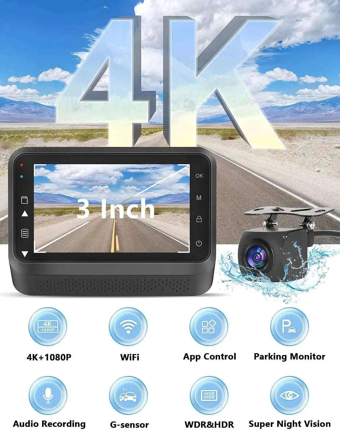 4K Front & Rear Dash Cam with WiFi, Night Vision & Parking Monitor-S8-6M RCC-BL / 32G