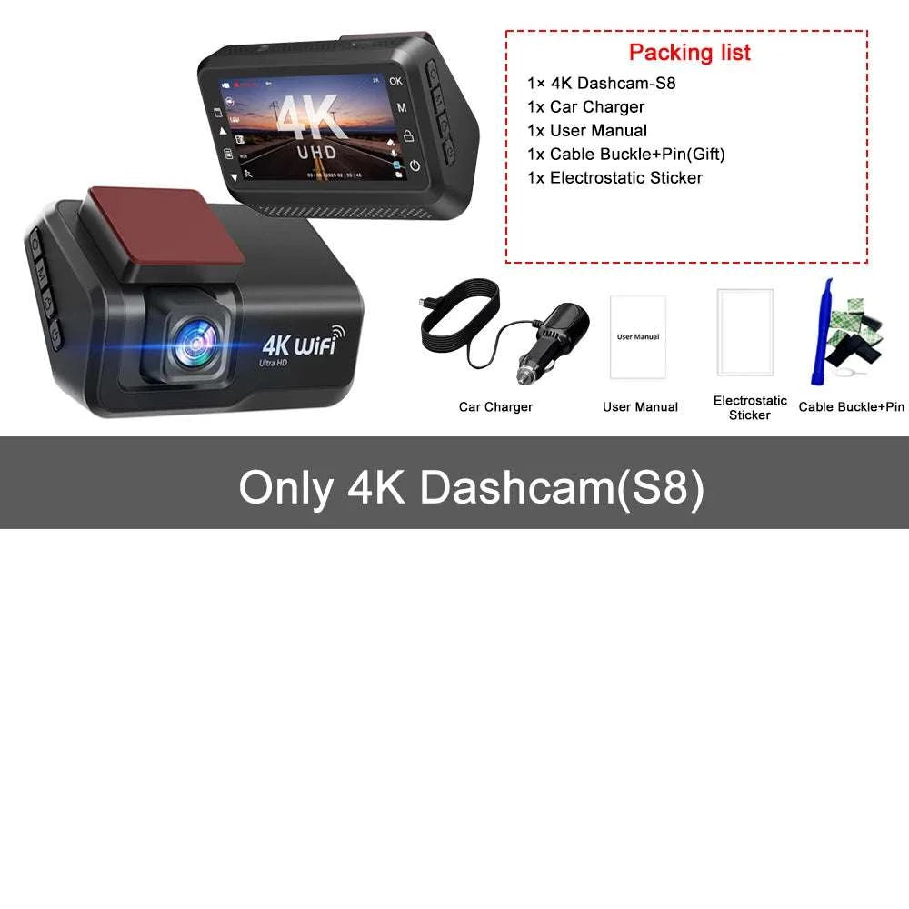 4K Front & Rear Dash Cam with WiFi, Night Vision & Parking Monitor-S8-6M RCC-BL / 32G
