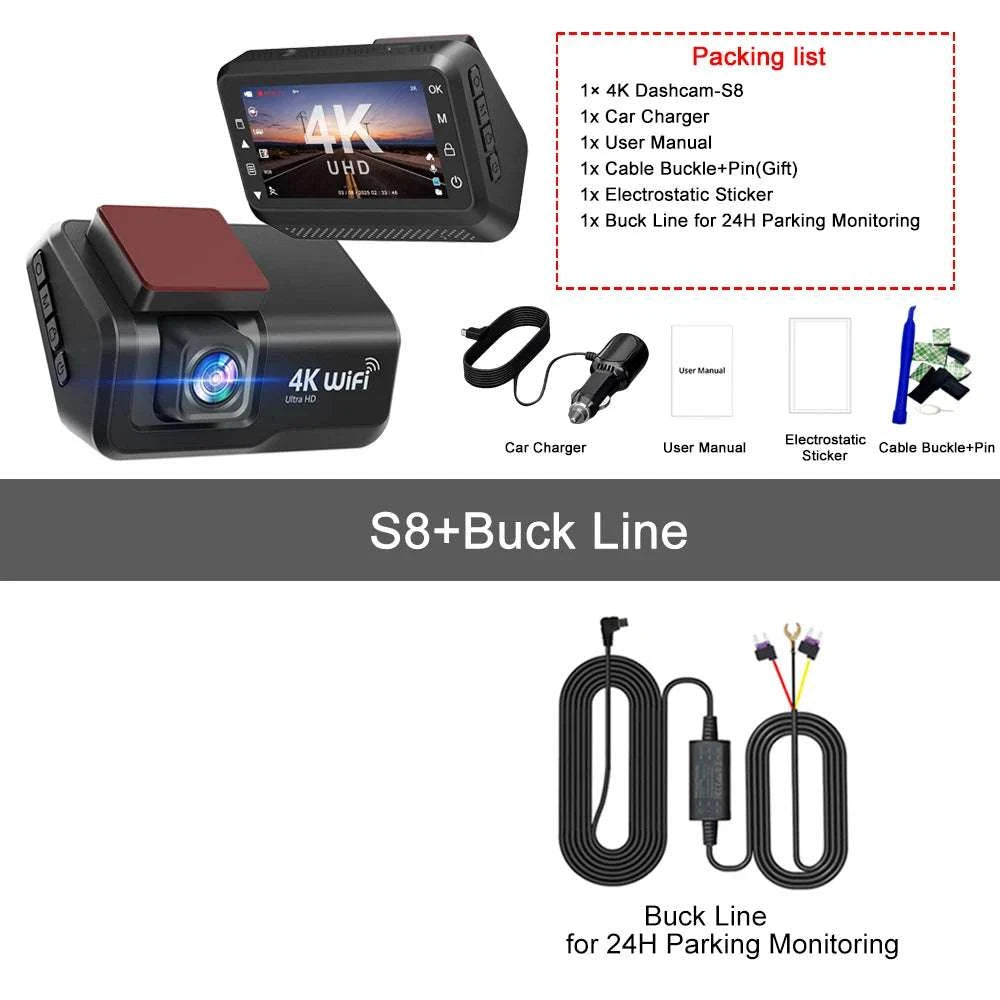 4K Front & Rear Dash Cam with WiFi, Night Vision & Parking Monitor-S8-6M RCC-BL / 32G