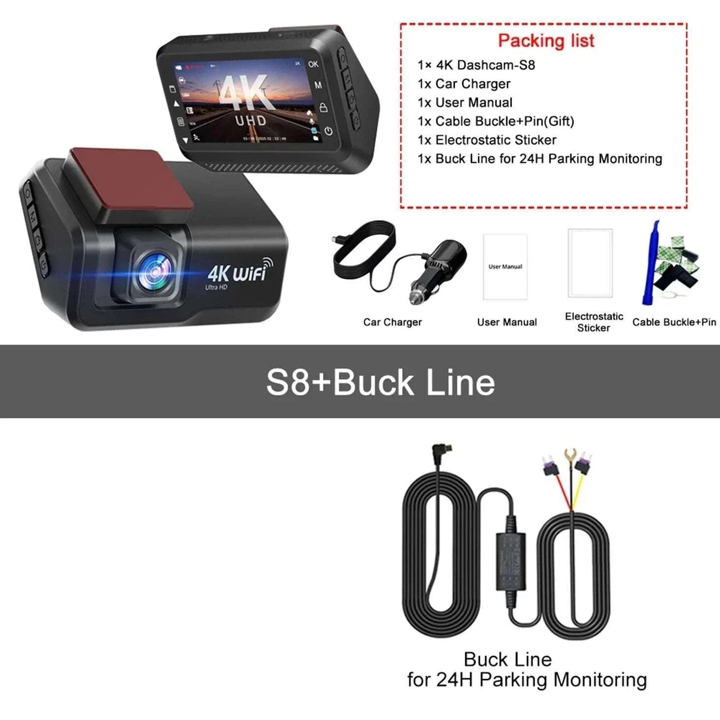 4K Front & Rear Dash Cam with WiFi, Night Vision & Parking Monitor-S8-6M RCC-BL / 32G