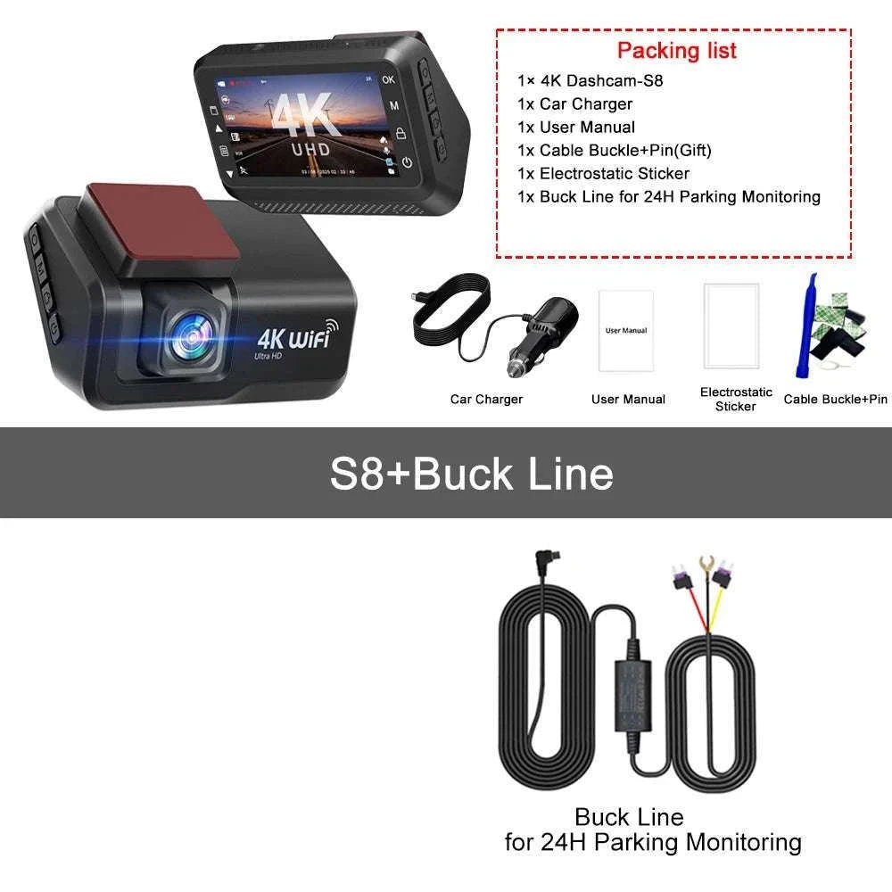 4K Front & Rear Dash Cam with WiFi, Night Vision & Parking Monitor-S8-6M RCC-BL / 32G
