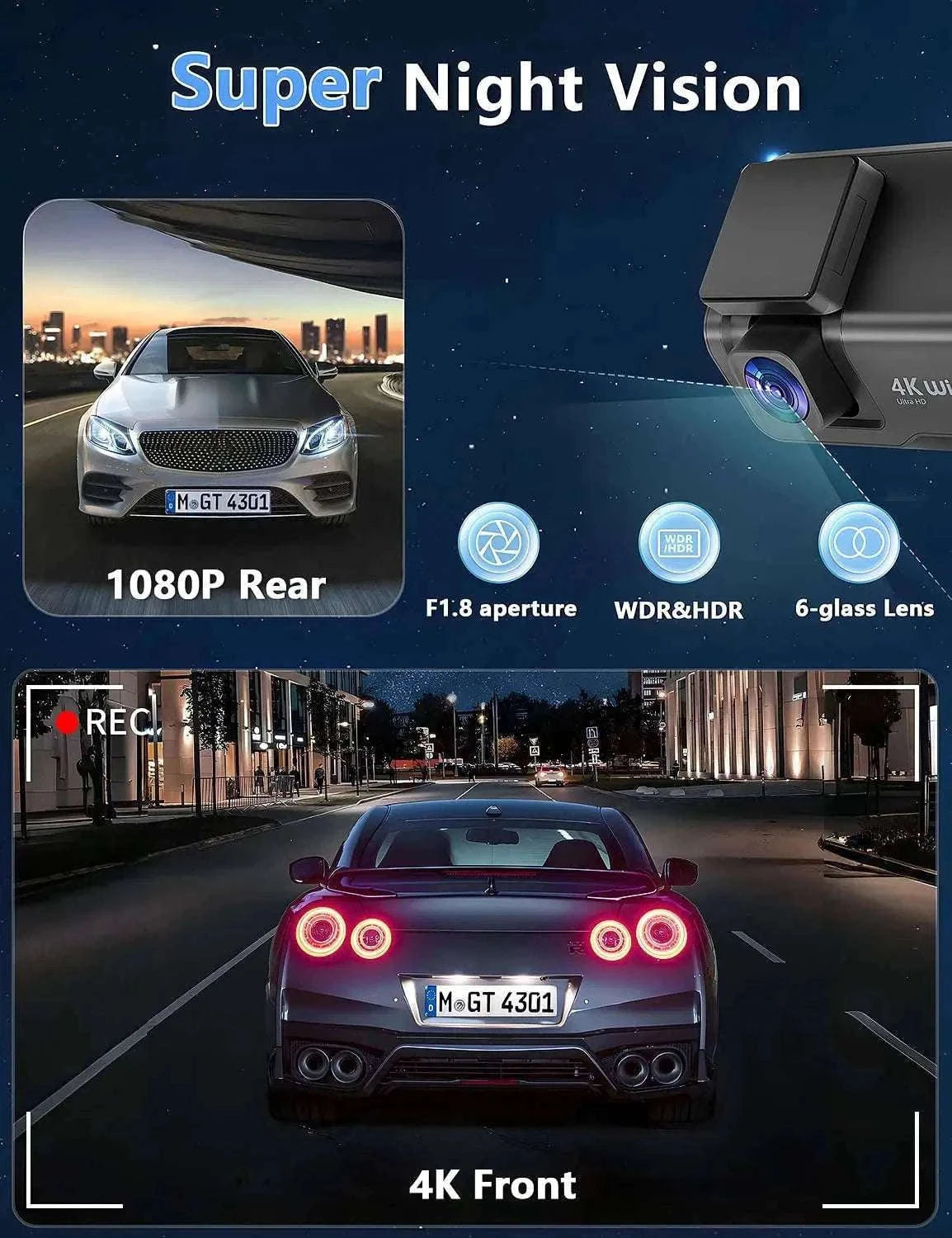 4K Front & Rear Dash Cam with WiFi, Night Vision & Parking Monitor-S8-6M RCC-BL / 32G