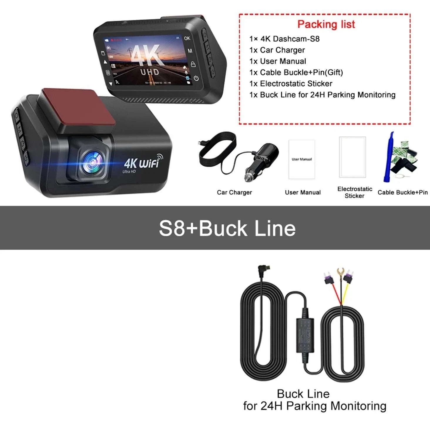 4K Front & Rear Dash Cam with WiFi, Night Vision & Parking Monitor-S8-6M RCC-BL / 32G