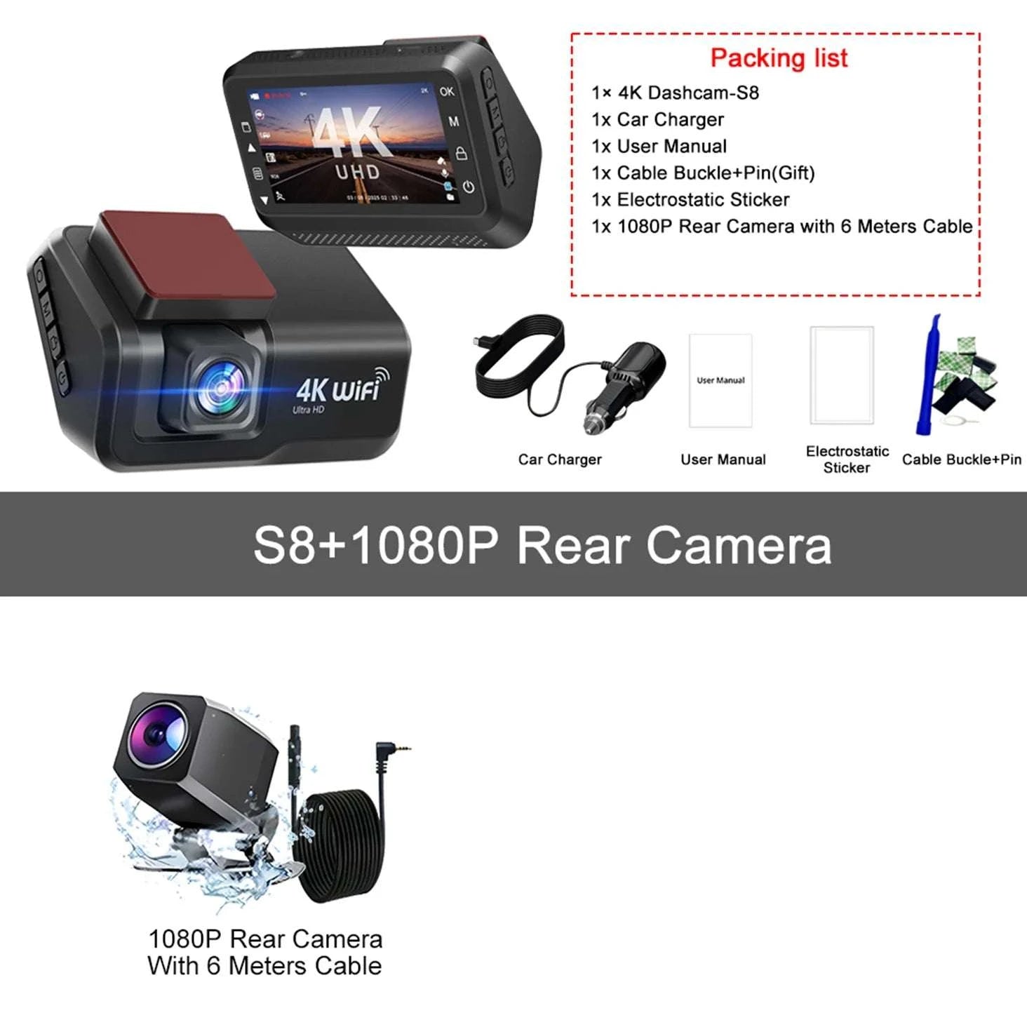 4K Front & Rear Dash Cam with WiFi, Night Vision & Parking Monitor-S8-6M RCC-BL / 32G