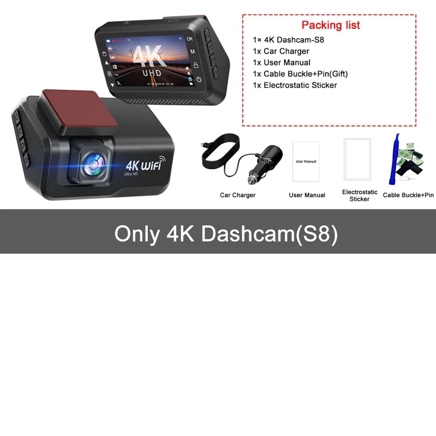 4K Front & Rear Dash Cam with WiFi, Night Vision & Parking Monitor-S8-6M RCC-BL / 32G