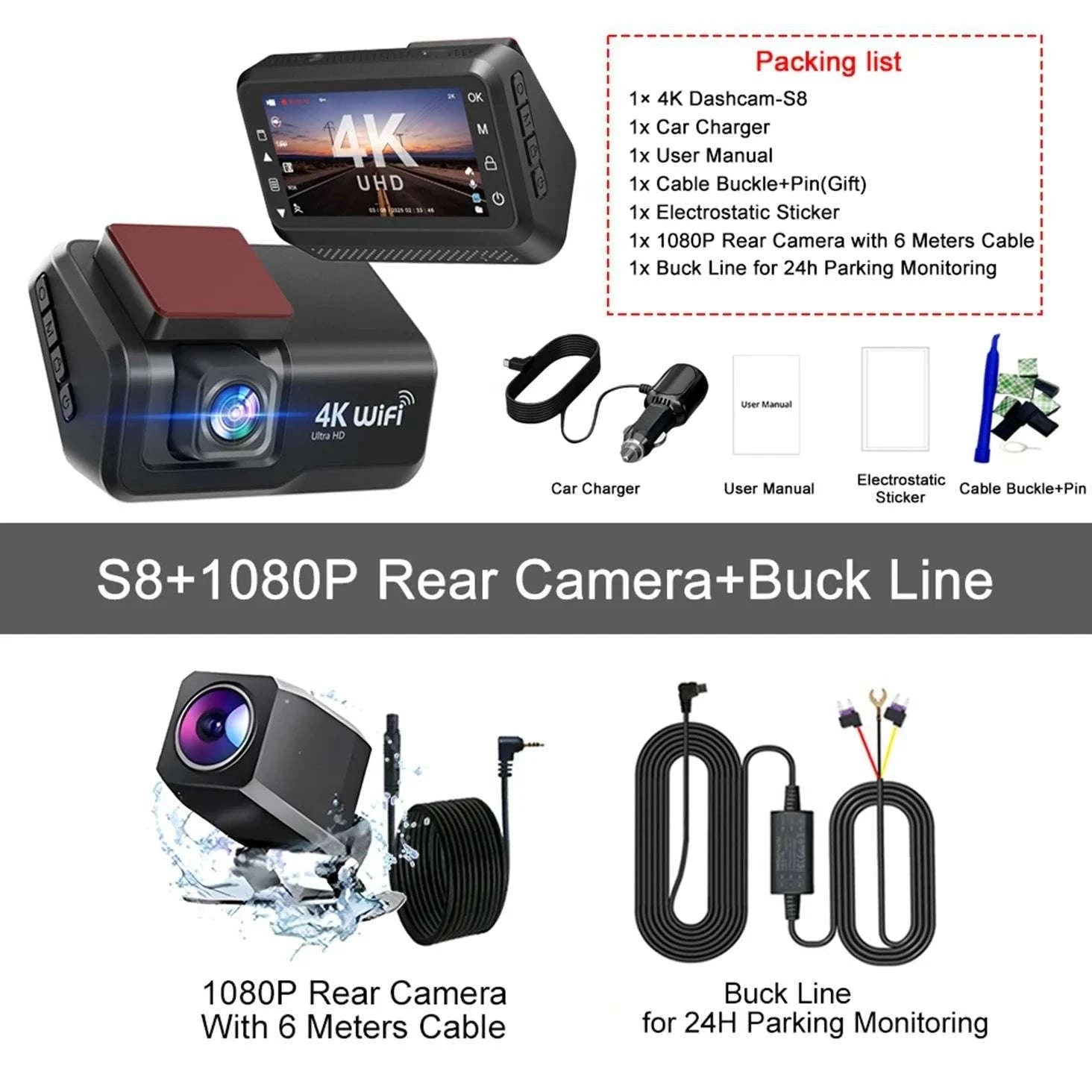 4K Front & Rear Dash Cam with WiFi, Night Vision & Parking Monitor-S8-6M RCC-BL / 32G