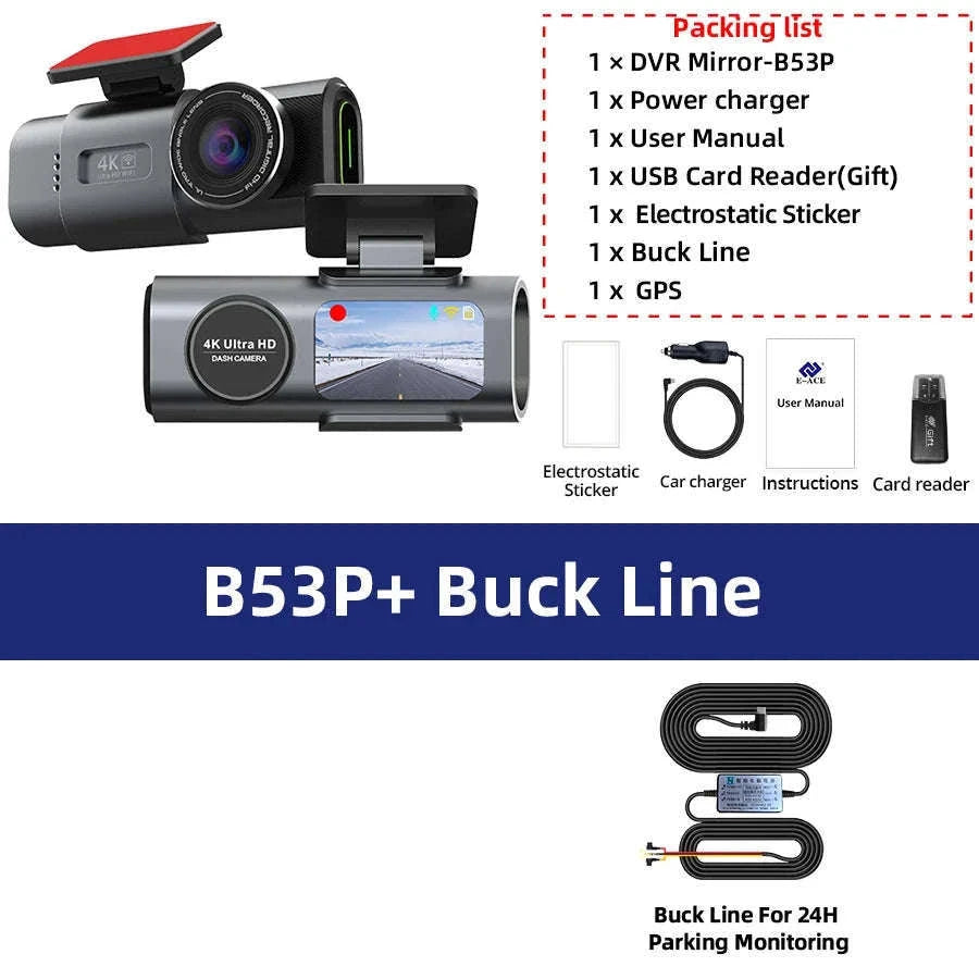 4K GPS Dash Cam with Wi‑Fi, Night Vision and Rear Camera Support-B53P-15M RCC-BL / 128G