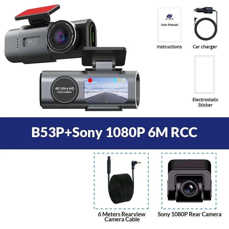 4K GPS Dash Cam with Wi‑Fi, Night Vision and Rear Camera Support-B53P-15M RCC-BL / 128G