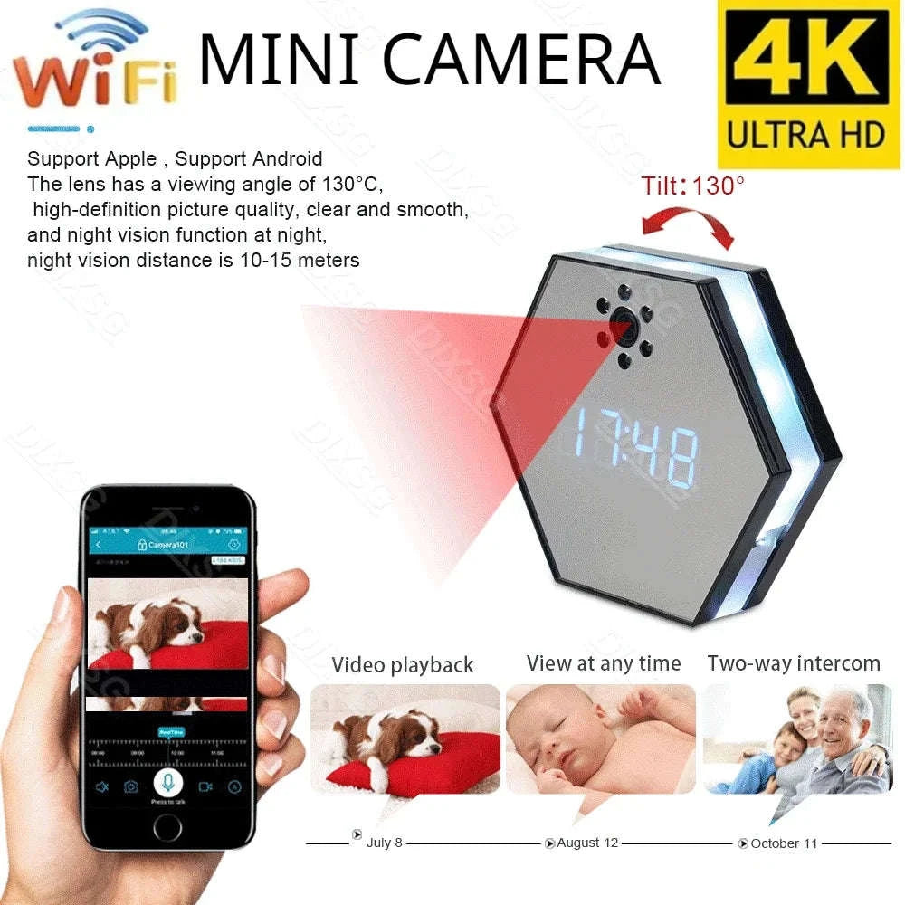 4K HD WiFi Mini Camera Electronic Clock with Night Vision-black