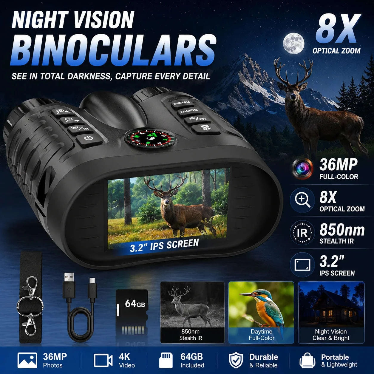 4K Night Vision Goggles with 8X Zoom and 64GB Card-4K 64GB / United States