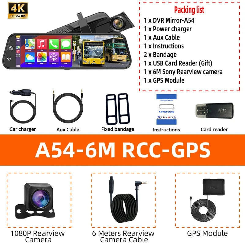 4K Touch Screen Car Dash Cam with Rear Camera-A54-6M RCC-GPS / 128G