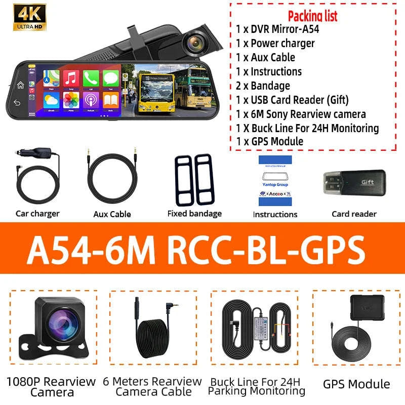4K Touch Screen Car Dash Cam with Rear Camera-A54-6M RCC-GPS / 128G
