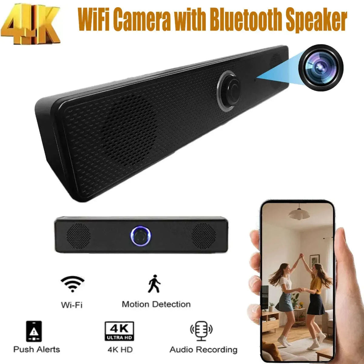 4K Ultra HD WiFi‑6 Camera with Bluetooth Speaker and Remote Viewing-black / With 64GB SD Card / China Mainland