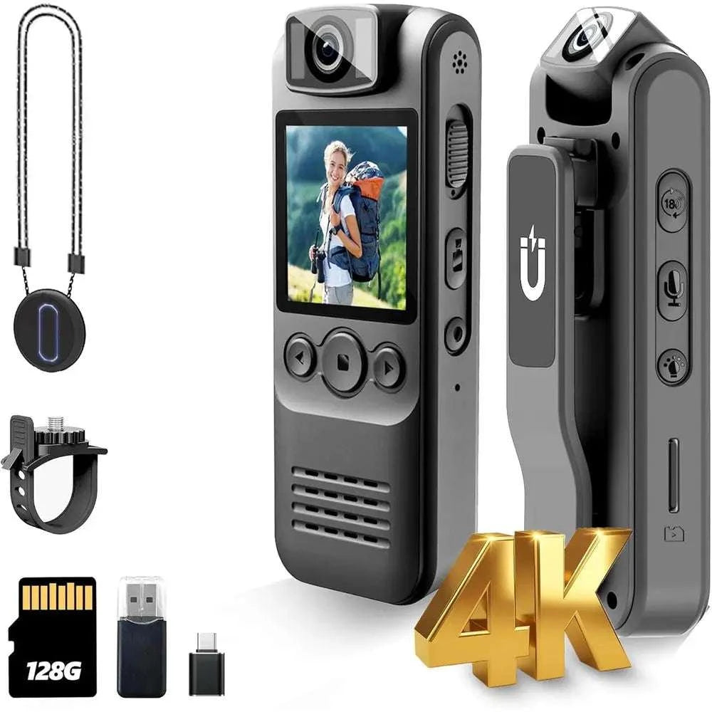 4K Wearable Body Camera with 180° Lens, Magnetic Clip & Bike Mount-United States