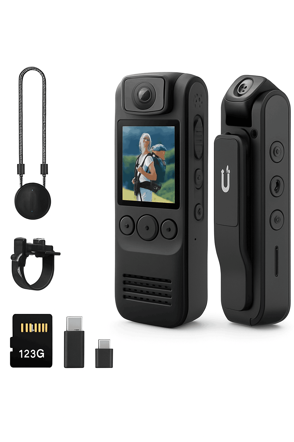 4K Wearable Body Camera with 180° Lens, Magnetic Clip & Bike Mount-United States