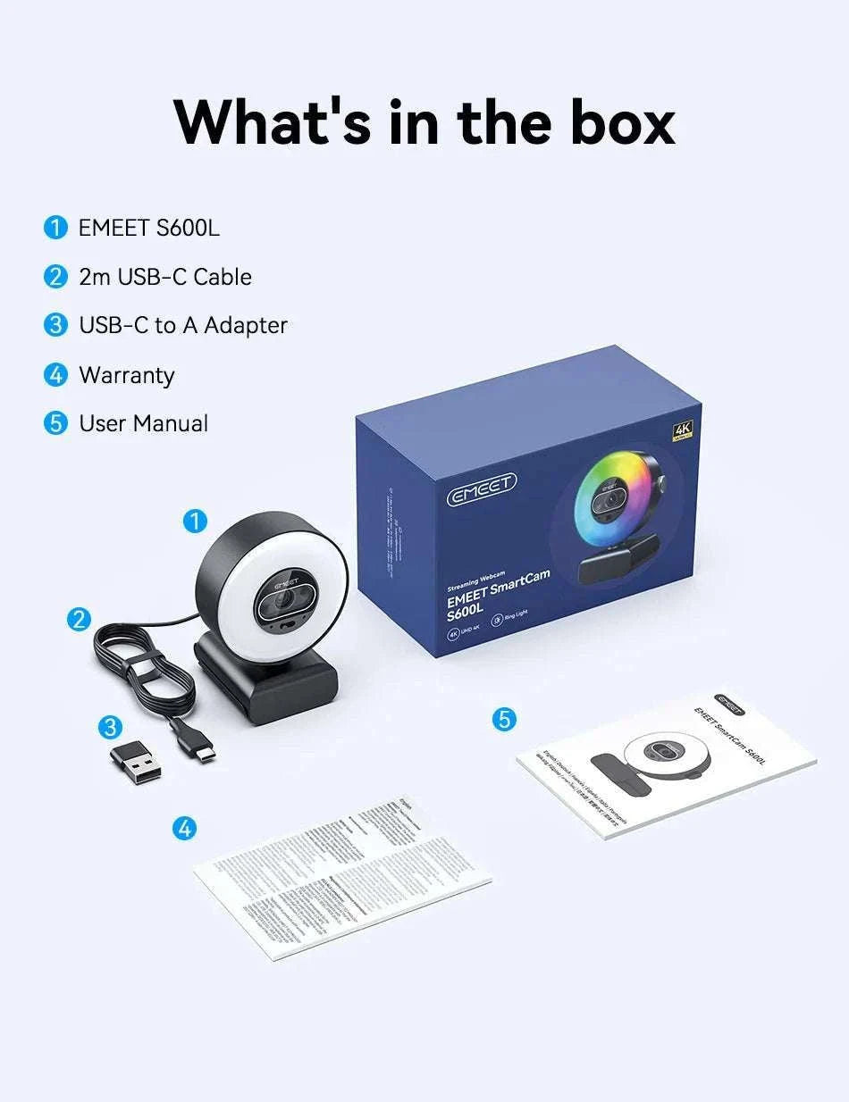 4K Webcam with Ring Light Autofocus 1080P 60FPS USB Camera-S600L 4K Webcam / China Mainland
