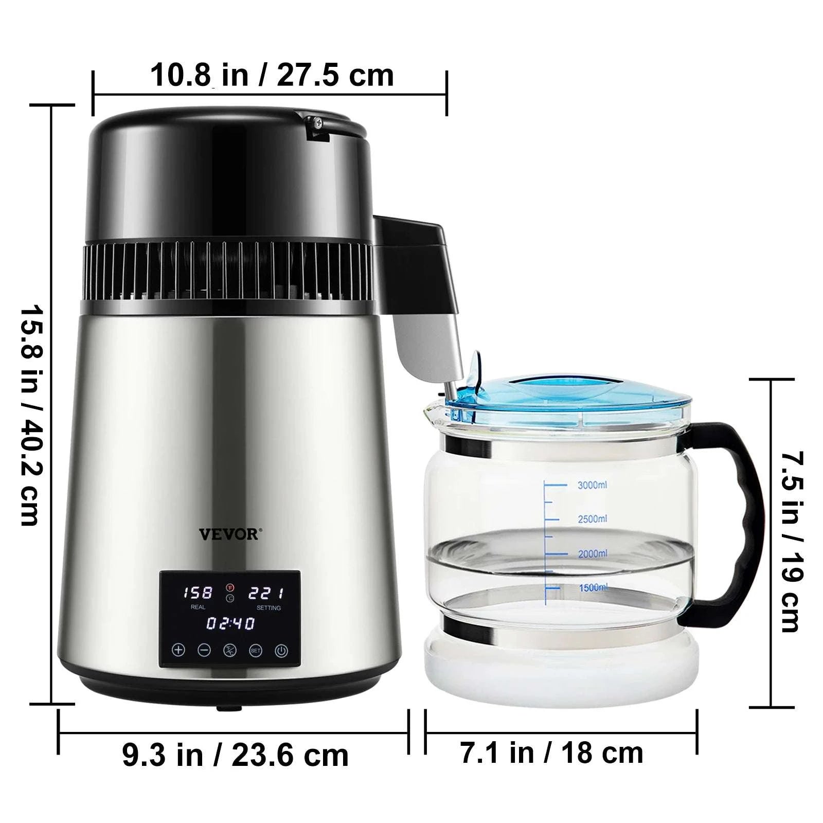 4L Home Water Distiller 1.5L/H with Touch Screen & Glass Carafe-Silver / United States