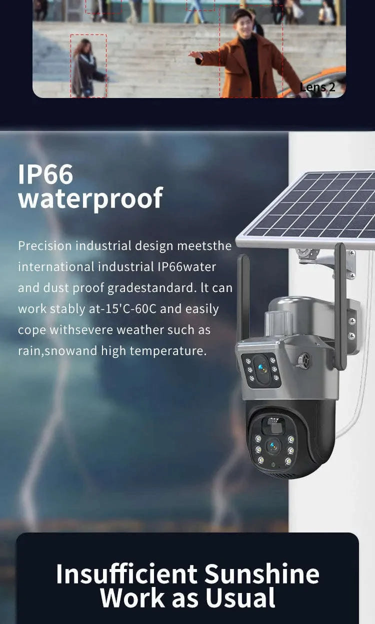 4MP Wireless Security Camera with Solar Panel, PTZ, Dual Lens-4G Ver / Poland
