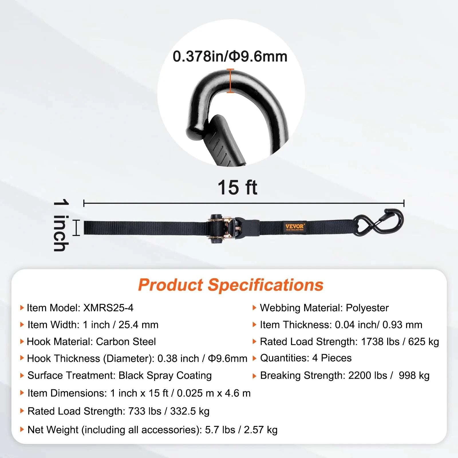 4PCS Ratchet Tie Down Straps Set with S Hooks for Cargo Secure-1 x 15 inch / United States