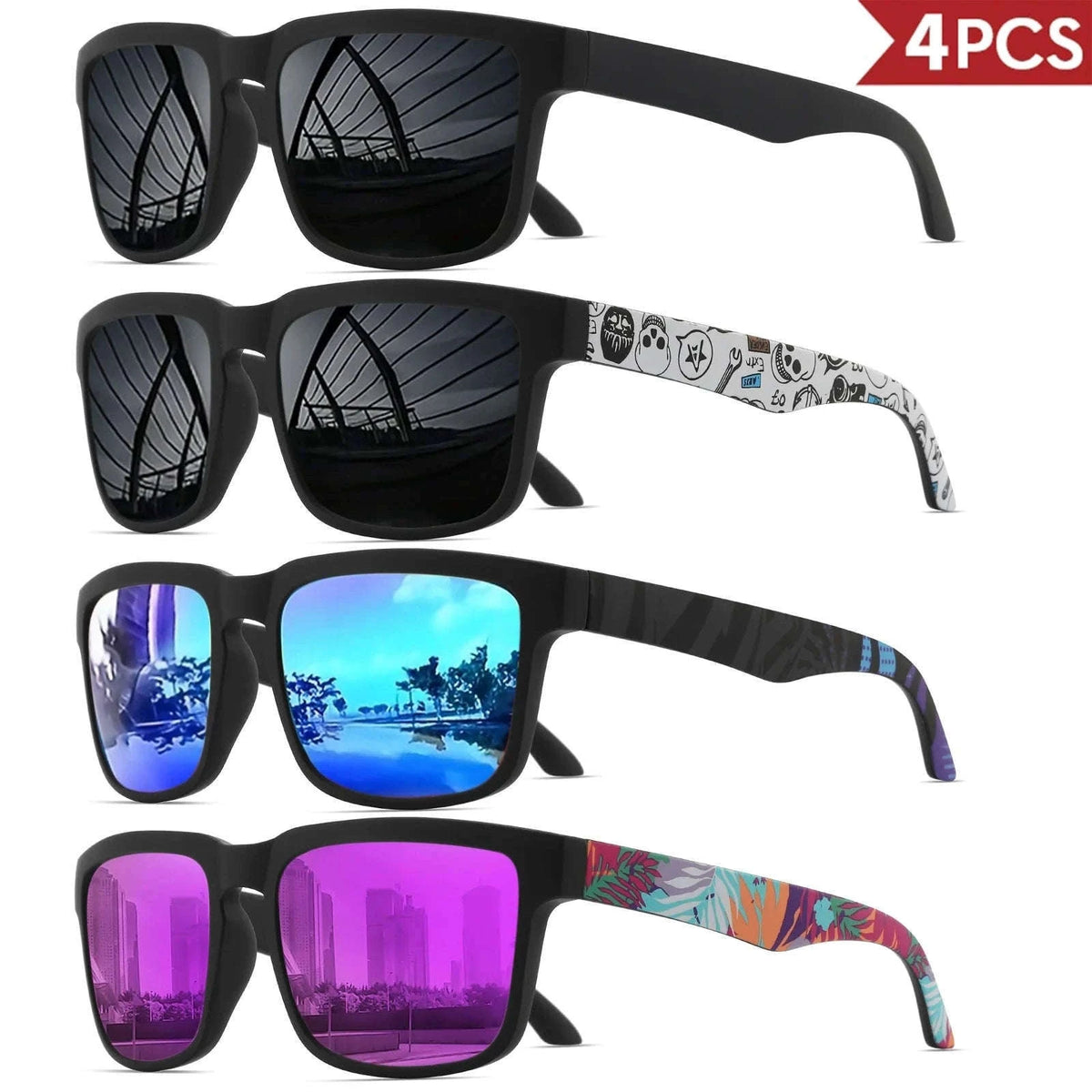 4PCS Square Sports Sunglasses with Designer Temple Pattern-4PCS-5