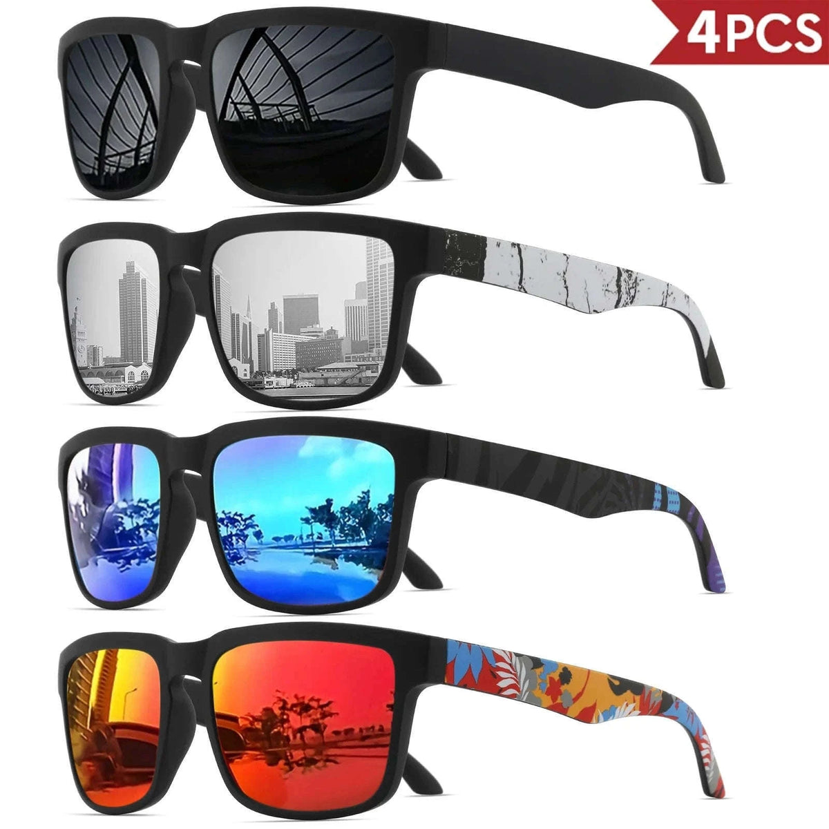 4PCS Square Sports Sunglasses with Designer Temple Pattern-4PCS-5