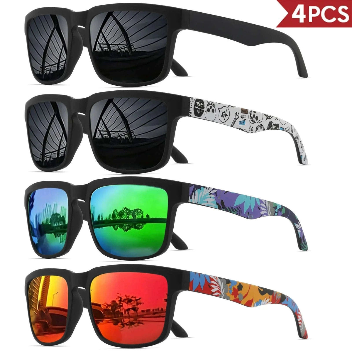 4PCS Square Sports Sunglasses with Designer Temple Pattern-4PCS-5