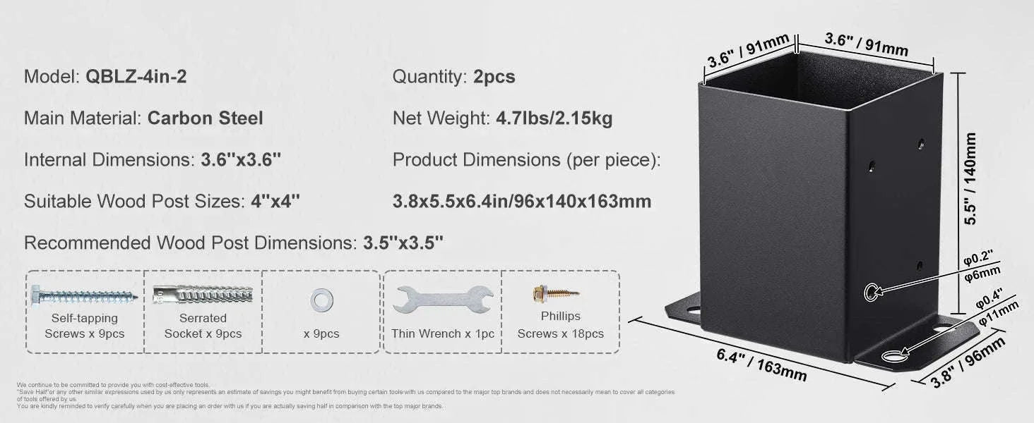 4x4 / 6x6 Post Base Powder-Coated Matte Black Wood Post Brackets-4x4 2pcs / United States