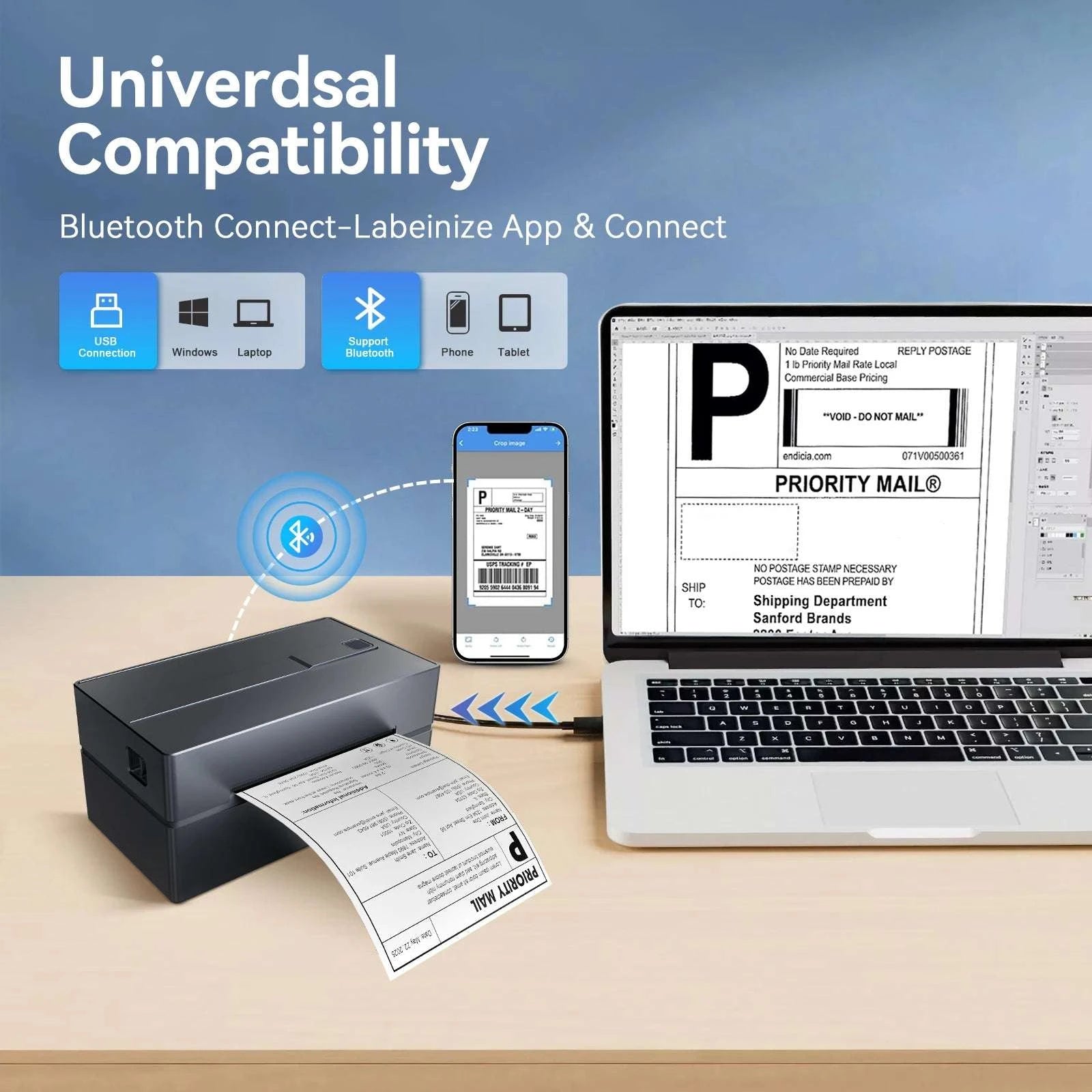 4x6 Thermal Label Printer No Ink Bluetooth USB 203 DPI Fast Print-Black color / United States