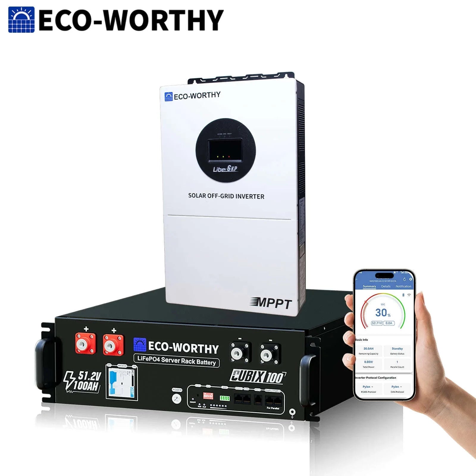 5.12kWh 48V 100Ah LiFePO4 Battery with 6kW Off-Grid Inverter-WHITE / United States
