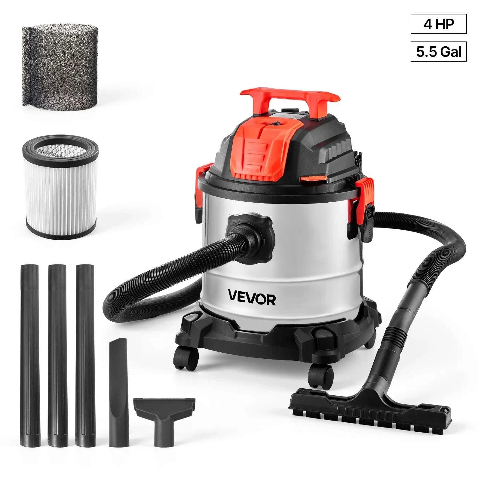 5.8 Gallon Wet Dry Shop Vacuum with Self-Cleaning Filter, 4 HP-United States / Orange Black Silver