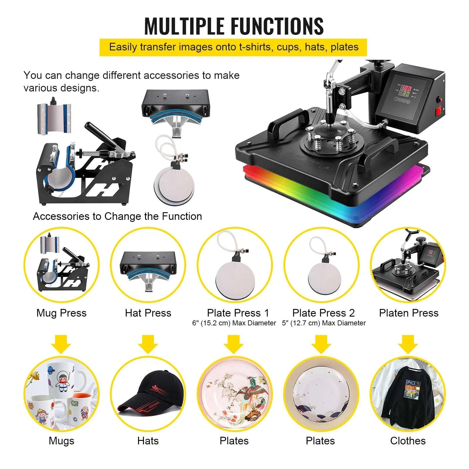 5–8 in 1 Heat Press Machine for T-Shirts, Mugs, Caps & Plates-5 in 1 12x15 Inch / United States