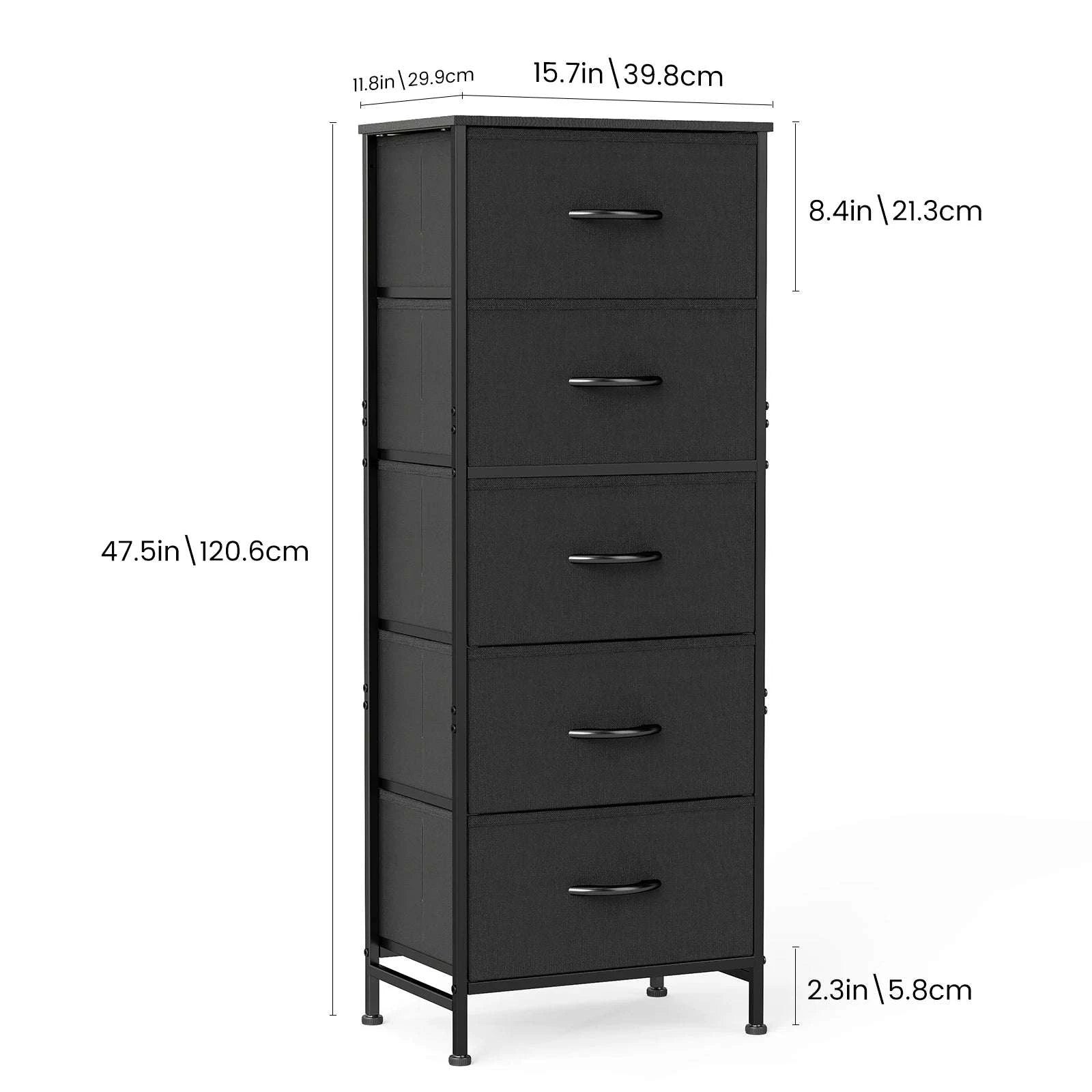 5 Drawer Fabric Dresser Cabinet Slim Storage Tower with Wood Top-black / United States