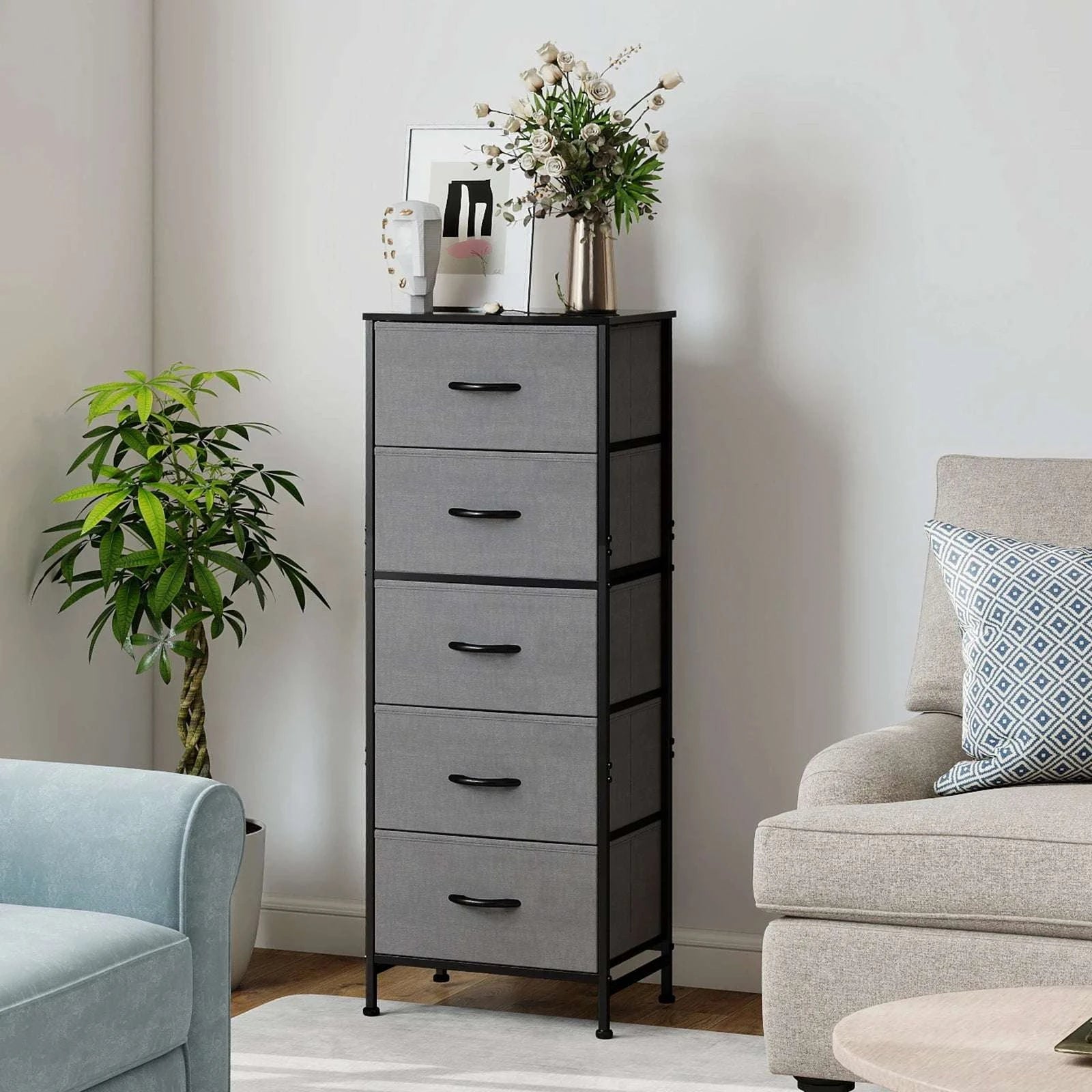 5 Drawer Fabric Dresser Cabinet Slim Storage Tower with Wood Top-black / United States