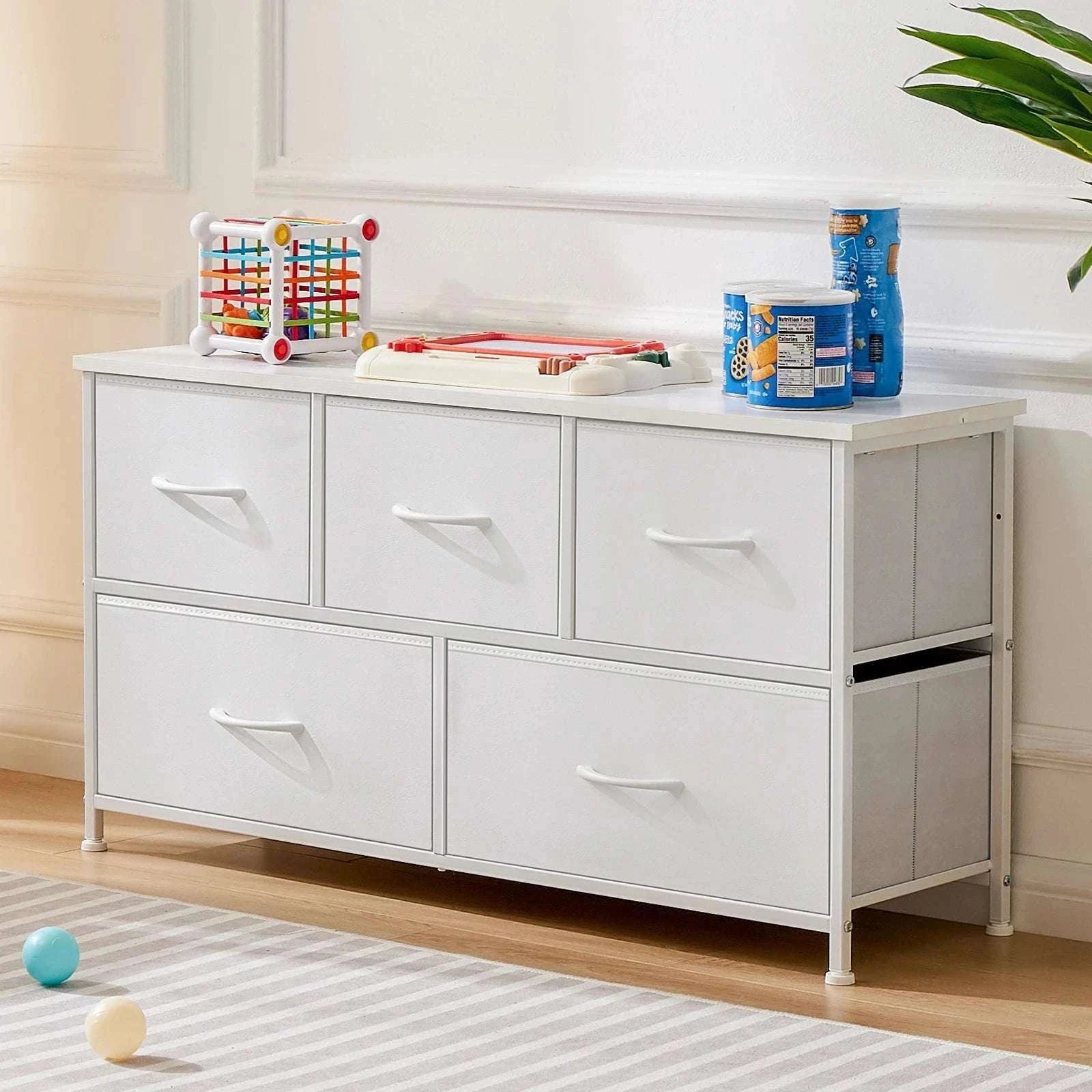 5-Drawer Fabric Dresser with Metal Frame Storage Cabinet-Ivory / GERMANY