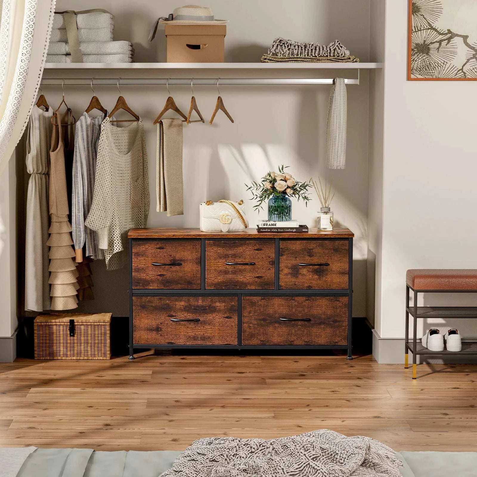 5-Drawer Fabric Dresser with Metal Frame Storage Cabinet-Ivory / GERMANY