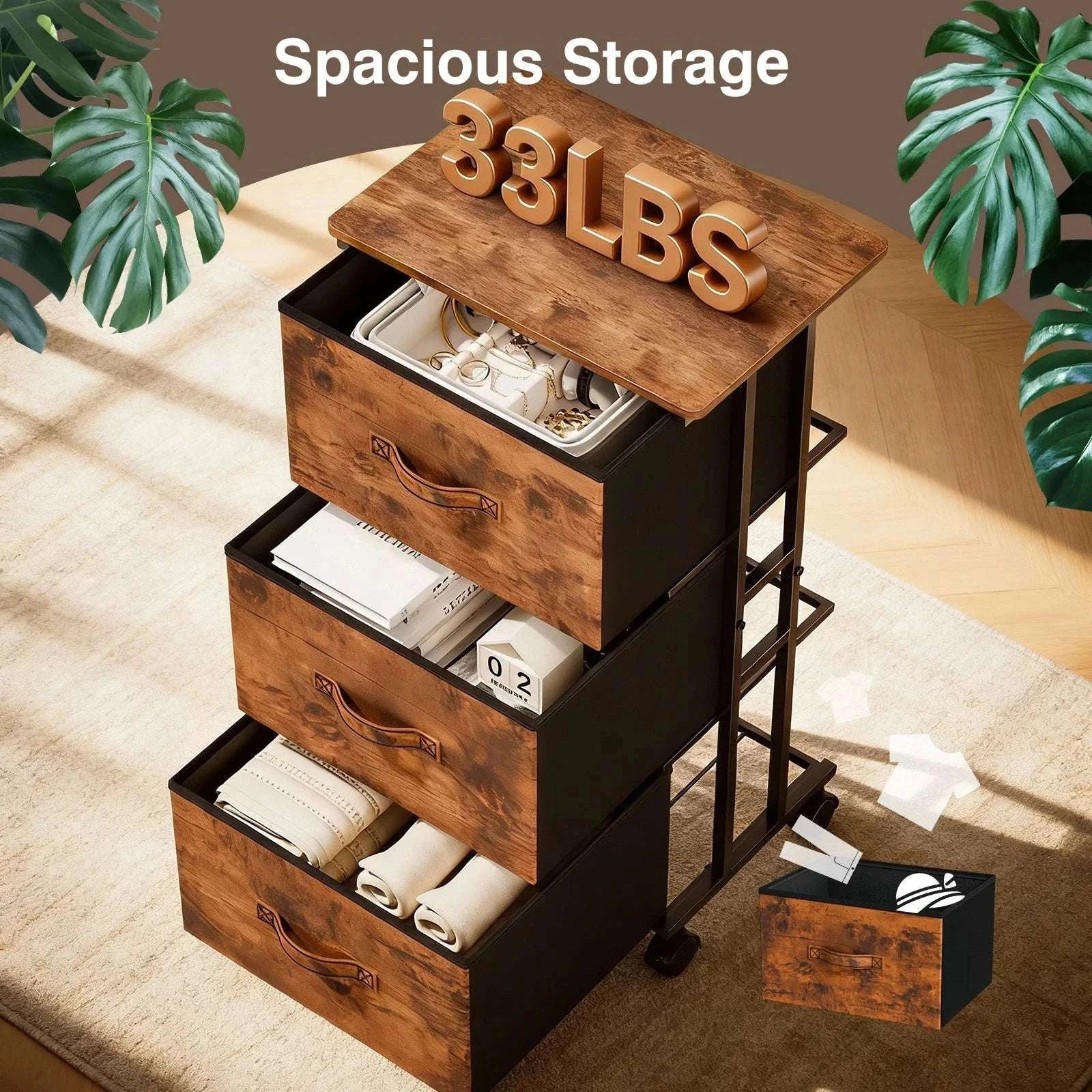 5 Drawer Fabric Storage Cabinet with Wooden Top & Rolling Design-black / United States