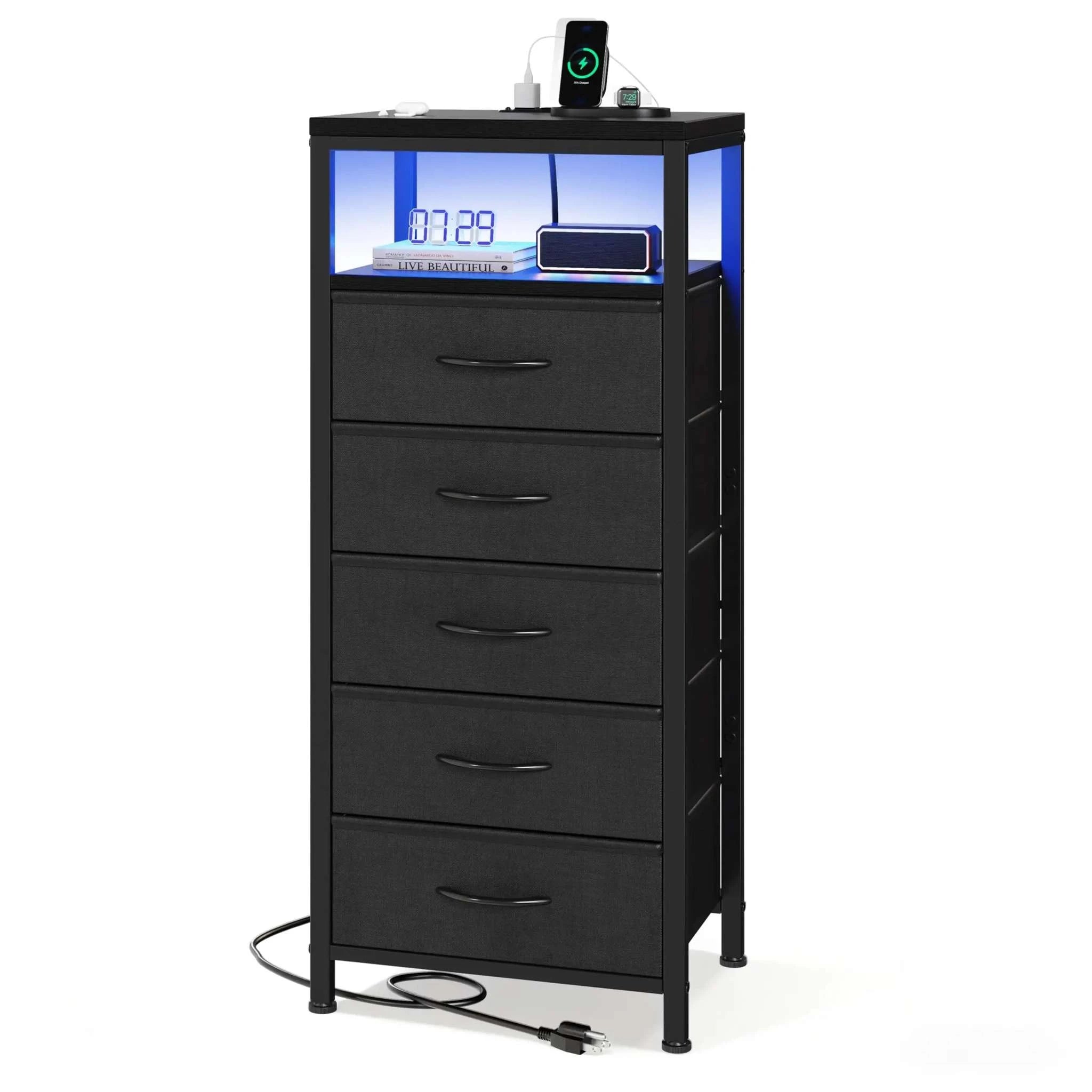 5-Drawer Nightstand with Charging Station, LED Lights & Storage-black / United States