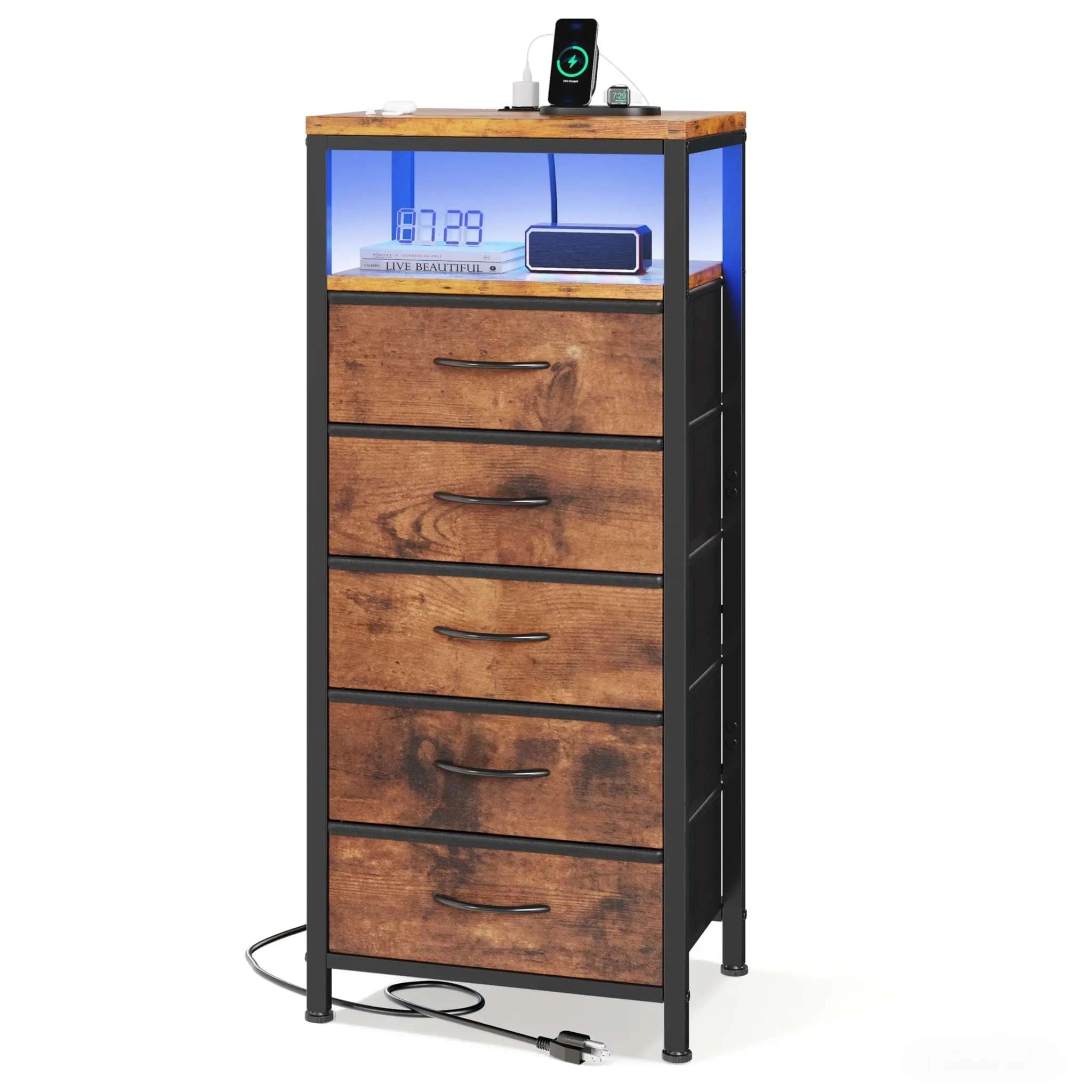 5-Drawer Nightstand with Charging Station, LED Lights & Storage-black / United States