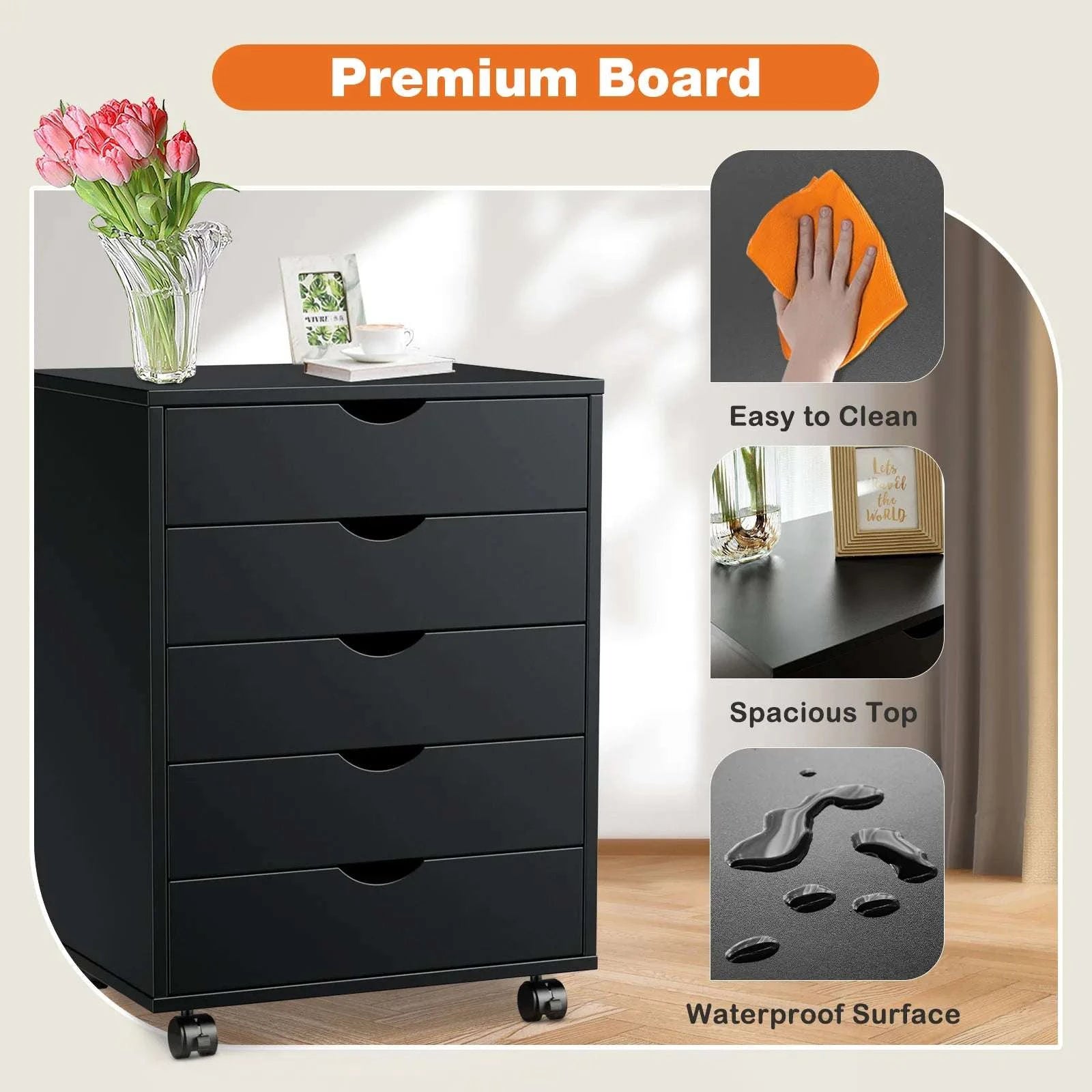 5 Drawer Rolling Nightstand Cabinet with Waterproof Top Surface-black / United States