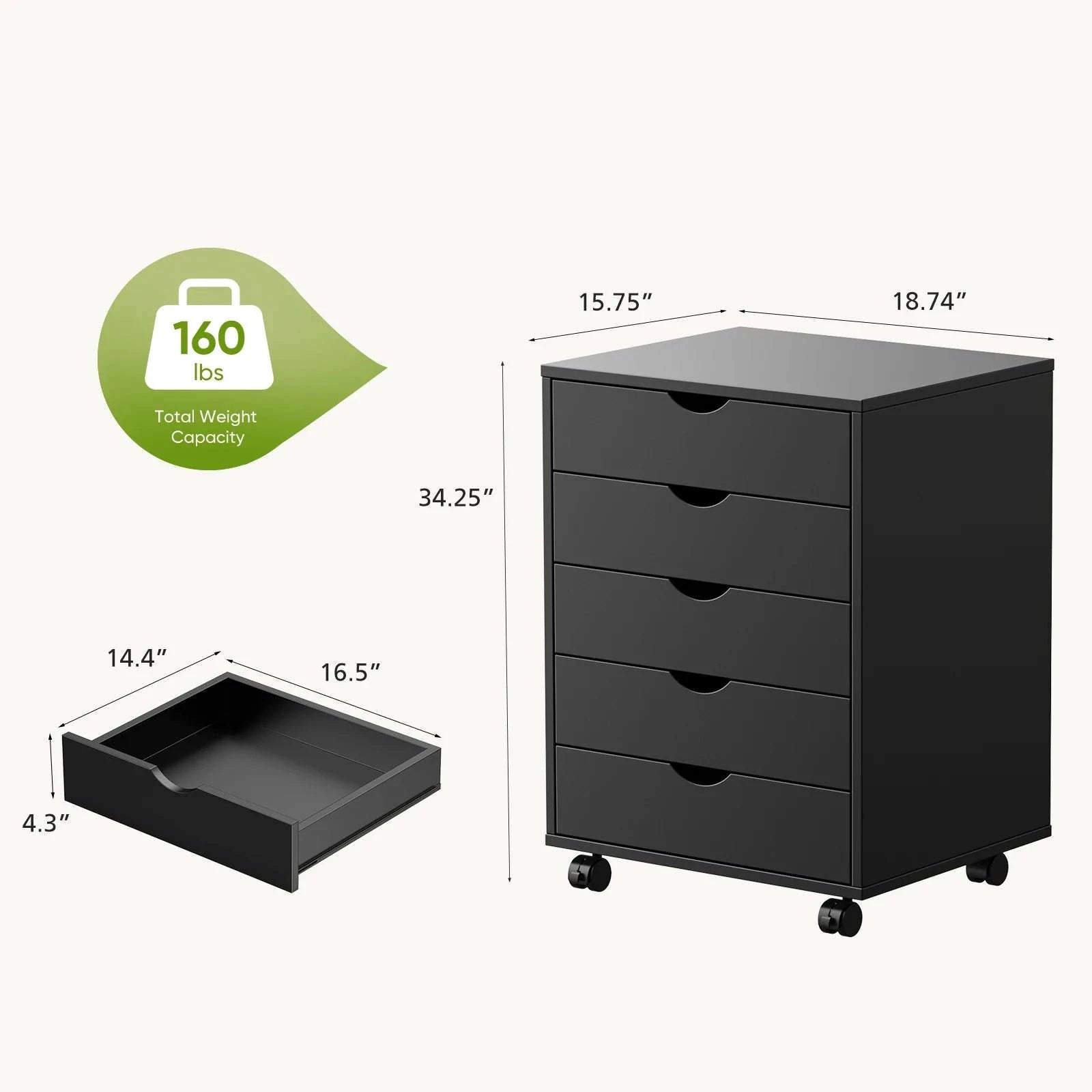5 Drawer Rolling Storage Cabinet with Wheels Modern Organizer-Ivory / United States