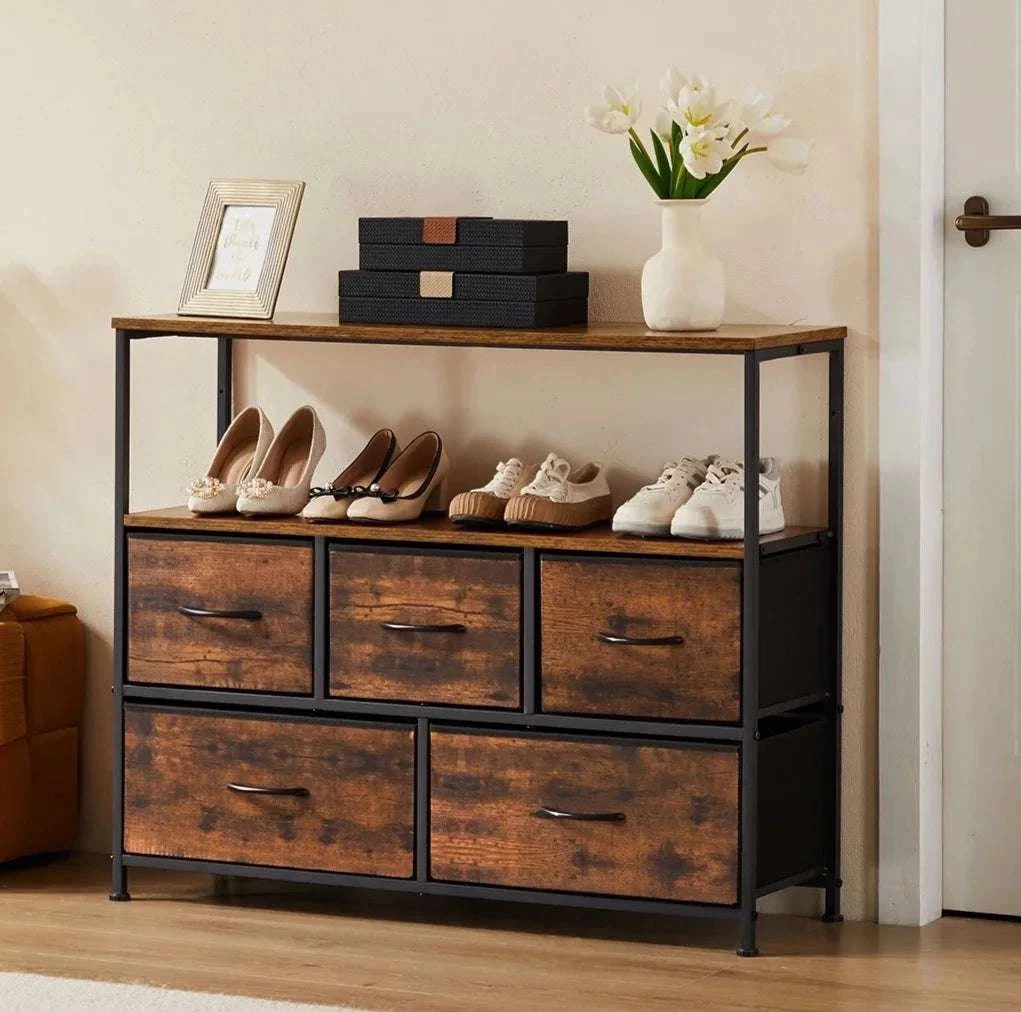 5 Drawer Shoe Cabinet TV Stand Storage Organizer with Fabric Bins-WHITE / United States