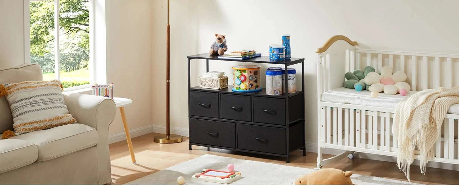 5 Drawer Shoe Cabinet TV Stand Storage Organizer with Fabric Bins-WHITE / United States
