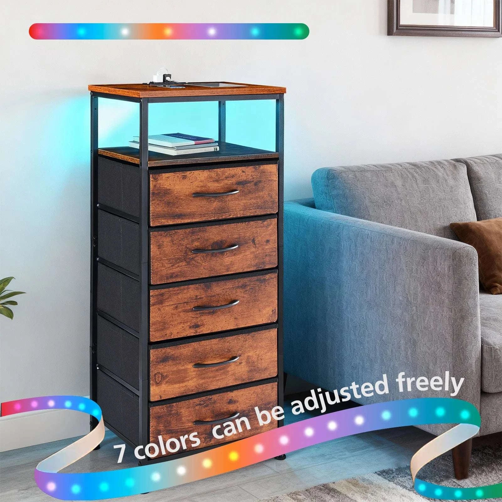 5 Drawer Storage Cabinet with Charging Station & LED Light Strip-RUST / United States