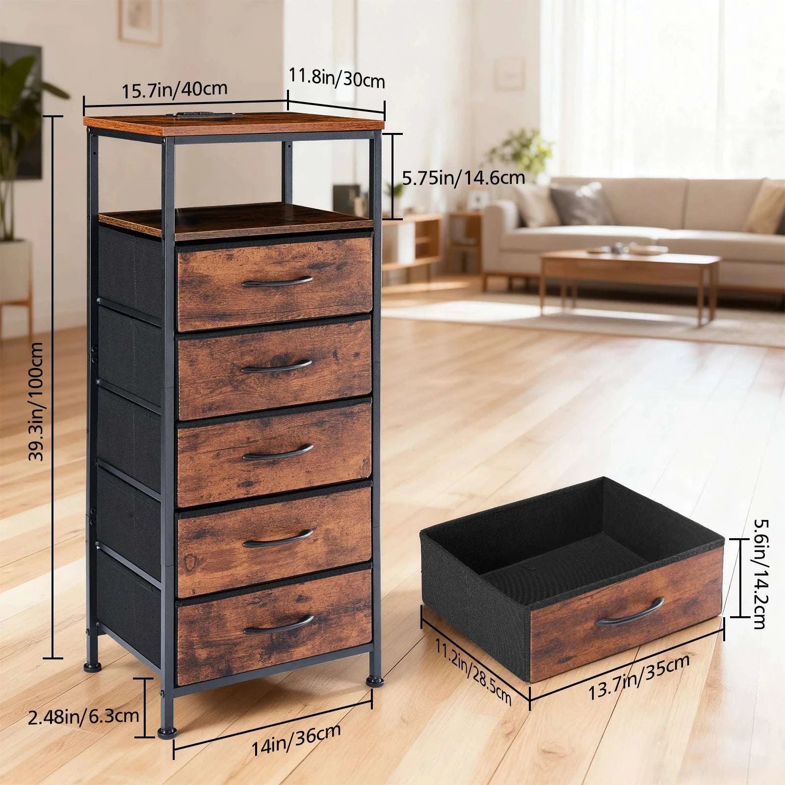 5 Drawer Storage Cabinet with Charging Station & LED Light Strip-RUST / United States