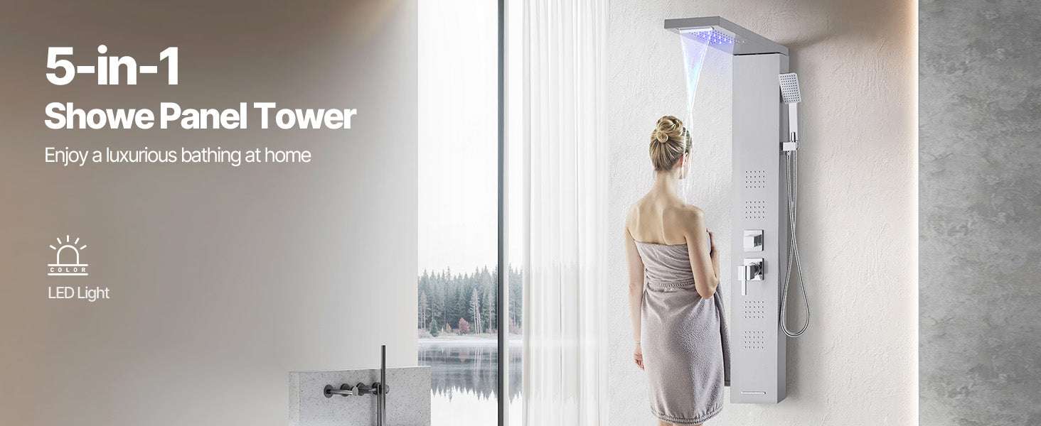 5 Function LED Shower Panel Tower with Waterfall Head Stainless Steel-5Outlet / United States